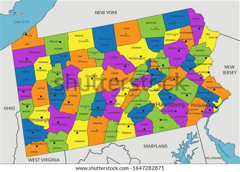 Colorful Pennsylvania Political Map Clearly Labeled Stock Vector
