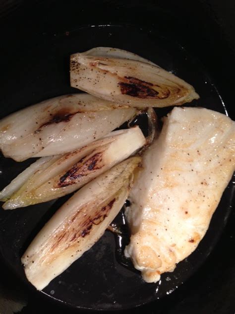 Pan Seared Sea Bass On A Bed Of Grilled Endives Cecile S Cuisine