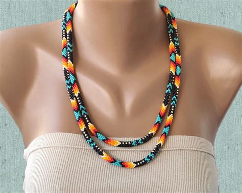 Native American Indian Style Necklace Long Crochet Bead Etsy