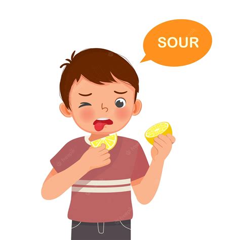 Premium Vector Cute Little Boy Holding Lemon Showing Sour Taste Of