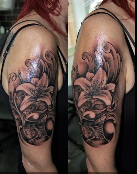 Black and grey flower tattoo by jeonghwi. Black grey flower tattoo | Lilly flower tattoo, Sleeve ...