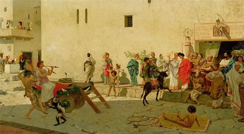 A Roman Street Scene With Musicians And A Performing Monkey Painting By