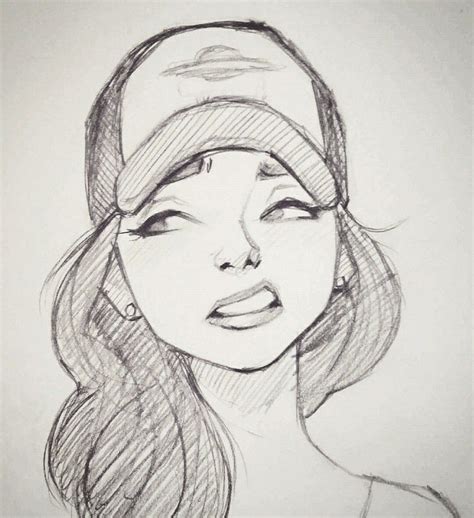 A Pencil Drawing Of A Womans Face With Her Eyes Closed And Hat On