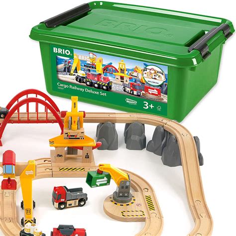 A crane lifts and lowers cargo onto the train and a helicopter soars over the town with blades spinning. Brio Cargo Railway Deluxe Set - A2Z Science & Learning Store