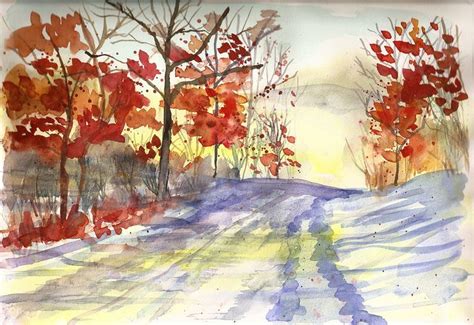 Watercolor Landscape Late Fall Painting Fall Watercolor