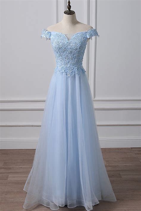 Light Blue Tulle Lace Prom Dresses Off Shoulder Evening Dress Lace Up