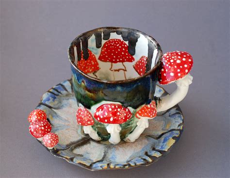 Mushrohrooms Mug Saucer With Decorblue Art Mug Mushrooms Etsy