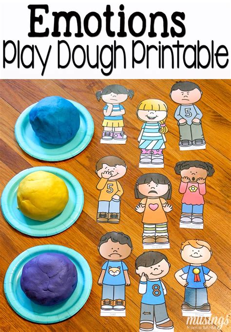 Help them develop stronger vocabulary to express feelings by playing the ever popular, i have, who has game. Playdough Fun with Emotions + Free Printables