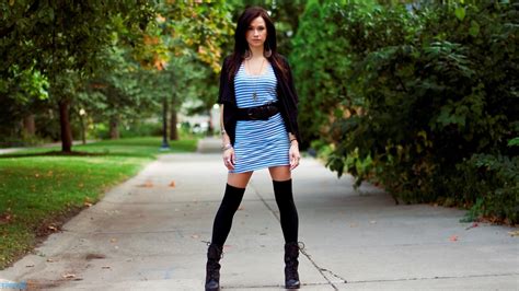 Brunette Dress Stripes Jacket Thigh Highs Wallpapers Hd Desktop