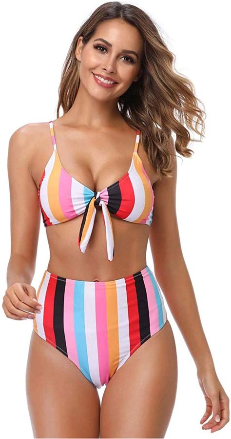 Honlyps Bikini Swimwear Womens High Waisted Two Vertical Stripe Size