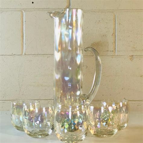 1960s Iridescent Tall Pitcher And Glasses Set Of 7 For Sale At 1stdibs
