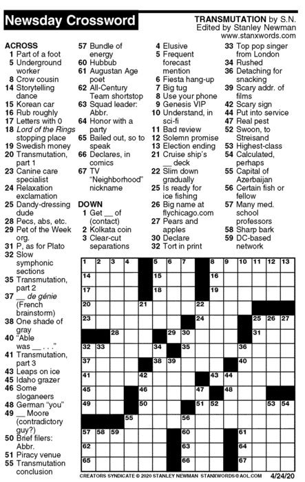 This site gives you all the crossword clues, crossword help & solutions. Newsday Crossword Puzzle for Apr 24, 2020, by Stanley ...