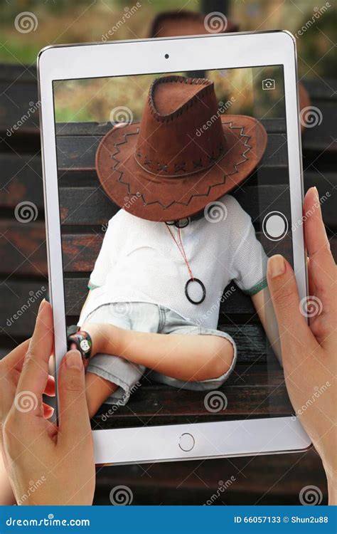 Taking Kid Picture Using Ipad Tablet Stock Image Image Of Woman