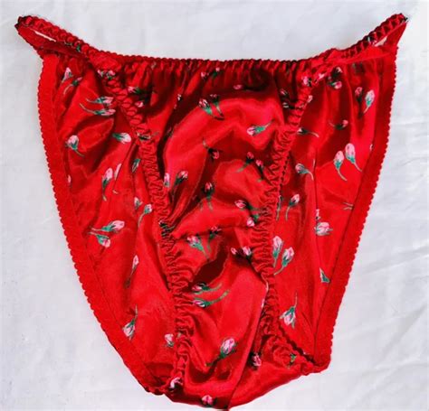 Vtg Liquid Smooth Satin Red Floral String Bikini Panty Roses Sissy Y2k