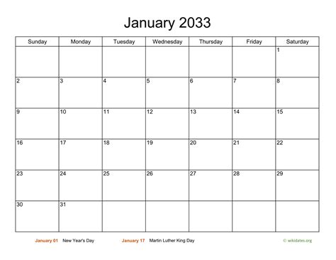 Monthly Basic Calendar For 2033