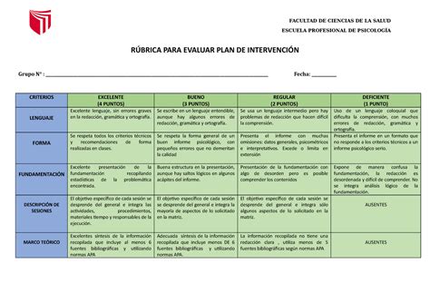 Rubrica Plan De Intervención De Psicologia De Iv Ciclo Psicología