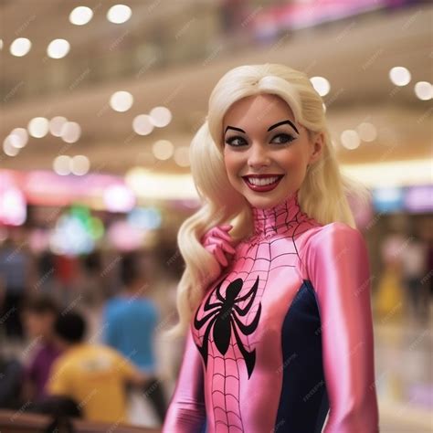 Premium Ai Image A Woman In A Spiderman Costume Poses In Front Of A Store