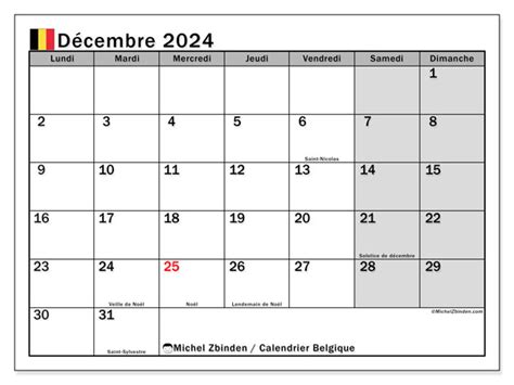 Calendrier Décembre 2024 Belgique Michel Zbinden Fr