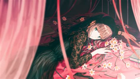 Download 1920x1080 Anime Girl Black Dress Flowers Bed