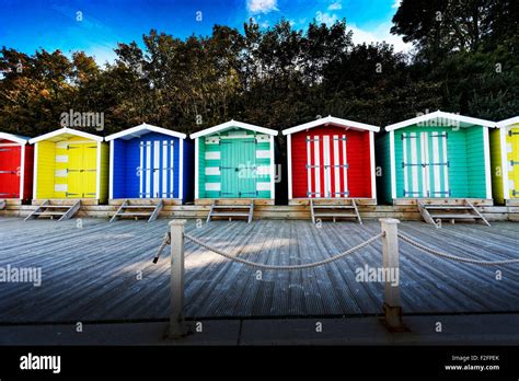 Coloured Beach Huts At Colwell Bay In The West Of The Isle Of Wight