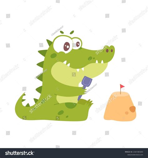 Cute Crocodile Character Building Sand Castle On Royalty Free Stock Vector 2167383203