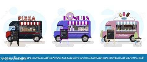 Set Of Vector Food Trucks With Pizza Donuts And Ice Cream Vector Flat Illustration Of A Fast