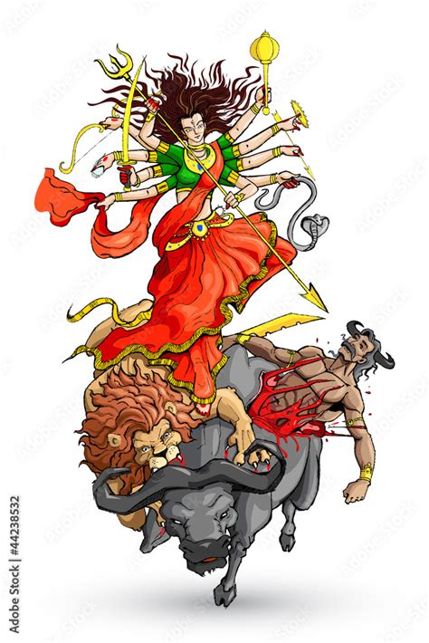 Vector Illustration Of Goddess Durga Killing Mahishasura Stock Vector Adobe Stock