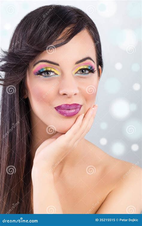 Brunette Model Portrait Make Up False Eyelashes Stock Image Image