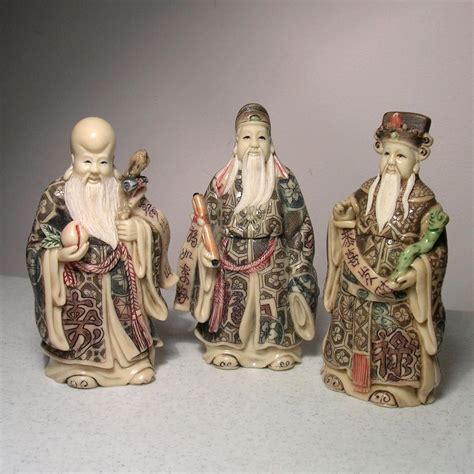 Antique Vintage Carved Ivory Ox Bone Fu Lu Shou Statues Fulushou Oxbone