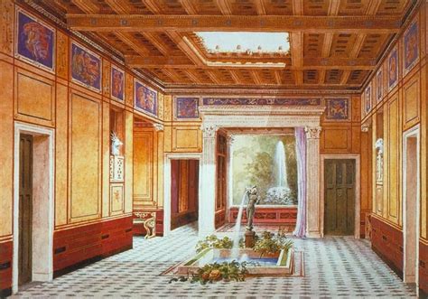 Romans liked bold colors such as cobalt blue, vermilion and bright yellow. Artistic re-creation of an impluvium of a Roman house ...