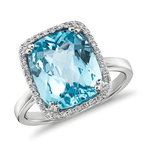 Sky Blue Topaz And Diamond Halo Cushion Cut Ring In 14k White Gold