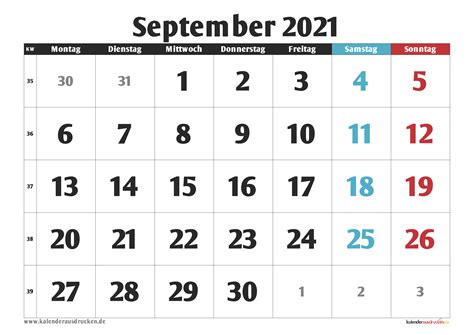Kalender für das jahr 2021 (standard) beispiel: Kalender September 2021 zum Ausdrucken mit Ferien ...