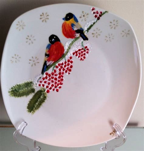 Hand Painted Square 1075 Dinner Plates Winter Birds By Almikor On