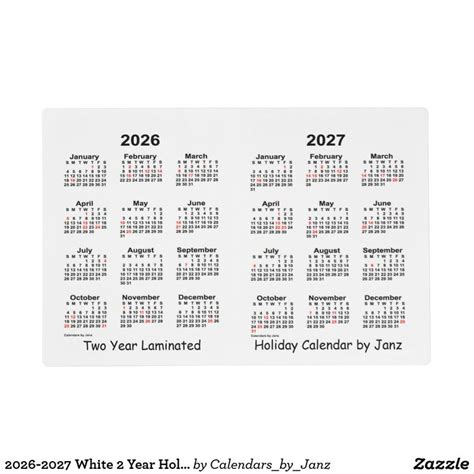 2026 2027 White 2 Year Holiday Calendar By Janz Placemat Holiday