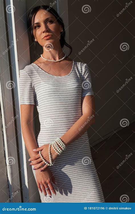 Portrait Of A Beautiful Fashionable Brunette Woman In A Gray Dress