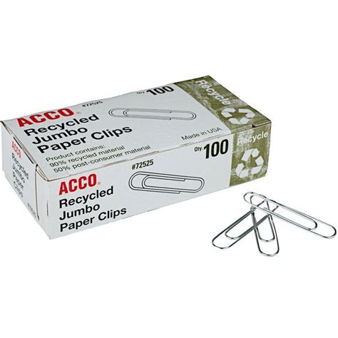 Acco 72525 Silver Smooth Jumbo Recycled Paper Clips 100box In 2022
