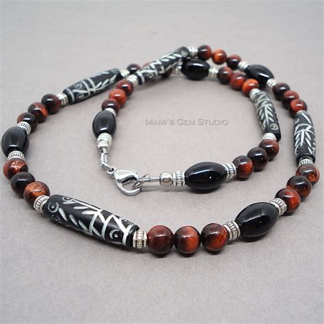 Mens Necklace Tribal Necklace Carved Bone Black Onyx Etsy