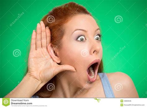 Nosy Woman Hand To Ear Gesture Eavesdropping Shocked Stock Photo