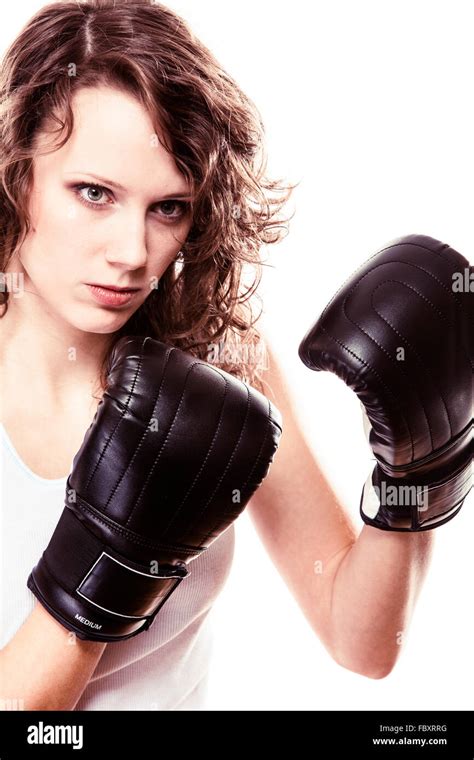 Martial Arts Sport Boxer Woman In Black Gloves Fitness Girl Training Kick Boxing Isolated On