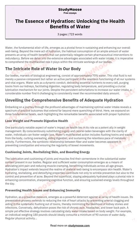 The Essence Of Hydration Unlocking The Health Benefits Of Water Free Essay Example