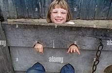 pillory stocks girl locked set young plimoth alamy stock
