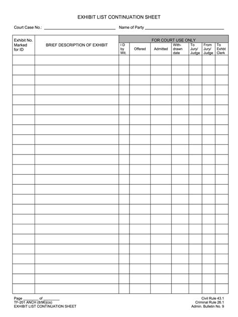 Exhibit List Template 1996 2024 Form Fill Out And Sign Printable Pdf