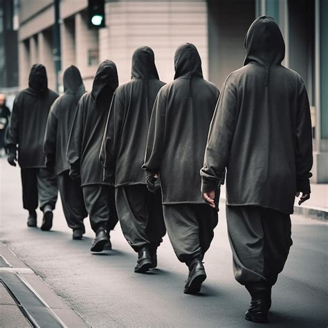 Premium Ai Image Identical People In Black Clothes In Hoods Walk Down