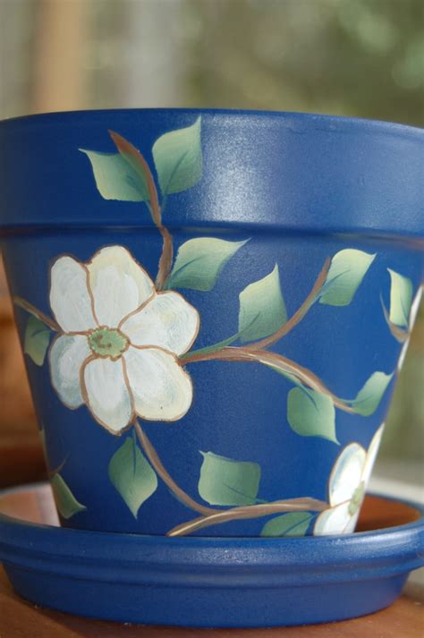 Hand Painted Clay Flower Pot Gentle White Dogwood Flowers And Etsy
