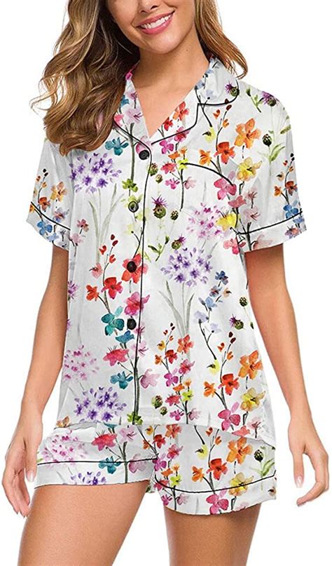 Summer Flower Satin Pajamas For Women Short Sleeve Silk Pajama Set