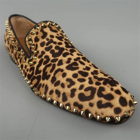 Christian Louboutin Mens Leopard Print Pony Hair Gold Spike Loafers At