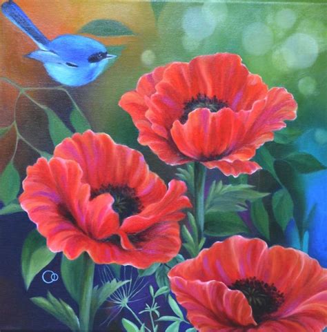 Buy Red Poppies Oil Painting With Little Blue Bird Oil Painting By Veronique Oodian On