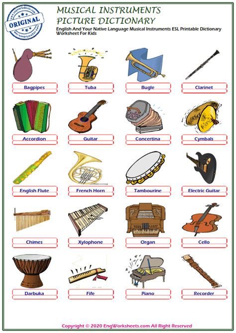 Musical Instruments Printable English Esl Vocabulary Worksheets 2