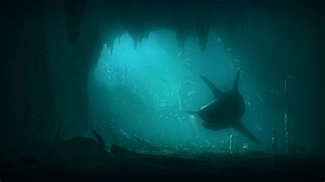 Fantasy Underwater Sharks Fishes Oceans Dark Spooky