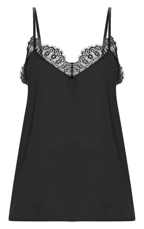 Black Lace Trim Cami Top Tops Prettylittlething